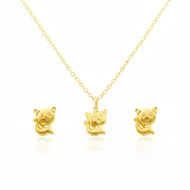 18K Real Gold Kitty Necklace And Earring Set - Festive Collection - Embellish Gold