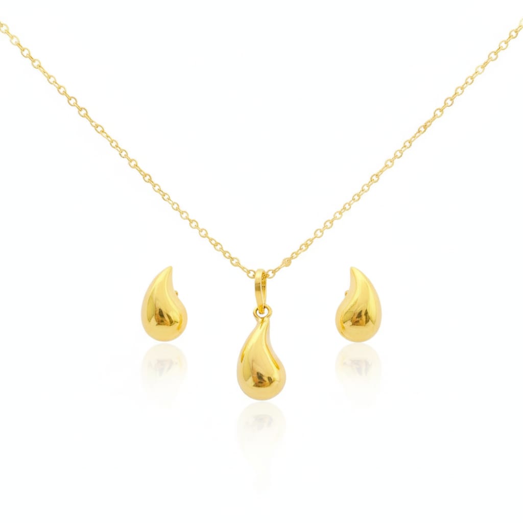 18K Real Gold Tear Drop Necklace And Earring Set
