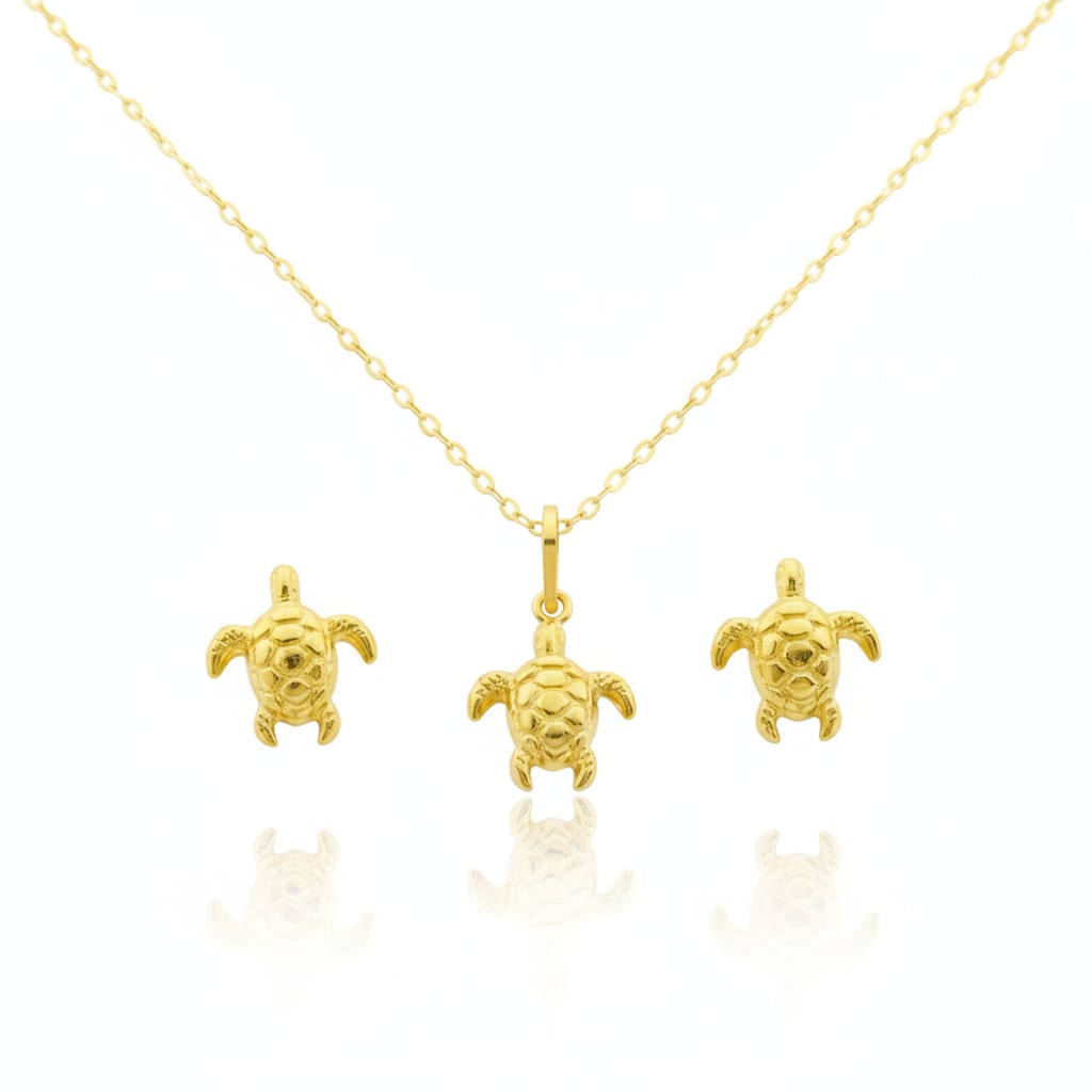 18K Real Gold Turtle Necklace And Earring Set