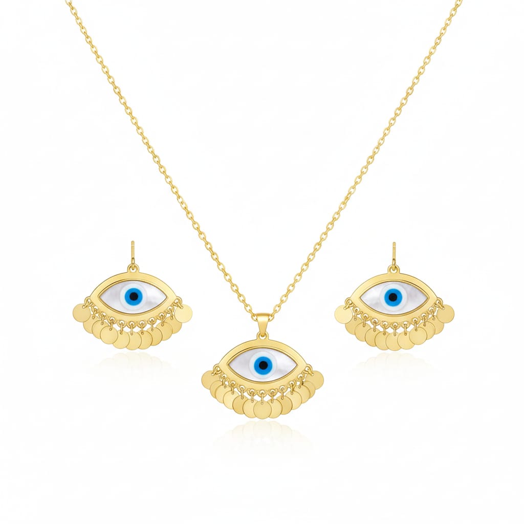 18K Real Gold White Evil Eye Jewelry Set