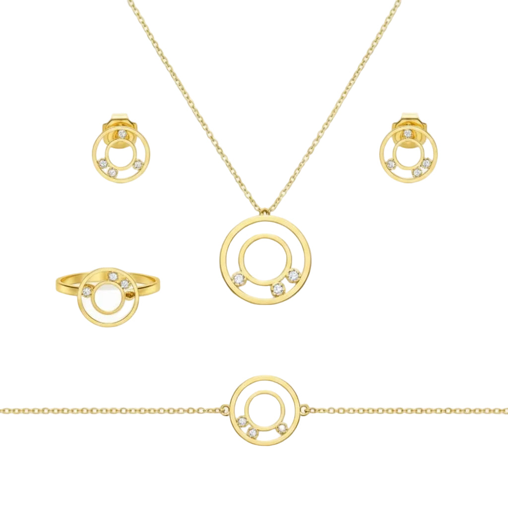 18K Real Gold 3 Stone Circle Set