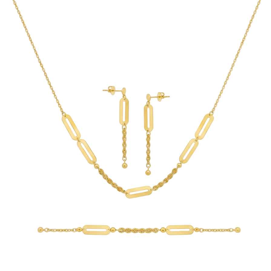 18K Real Gold Paper Clip With Rope Chain Set