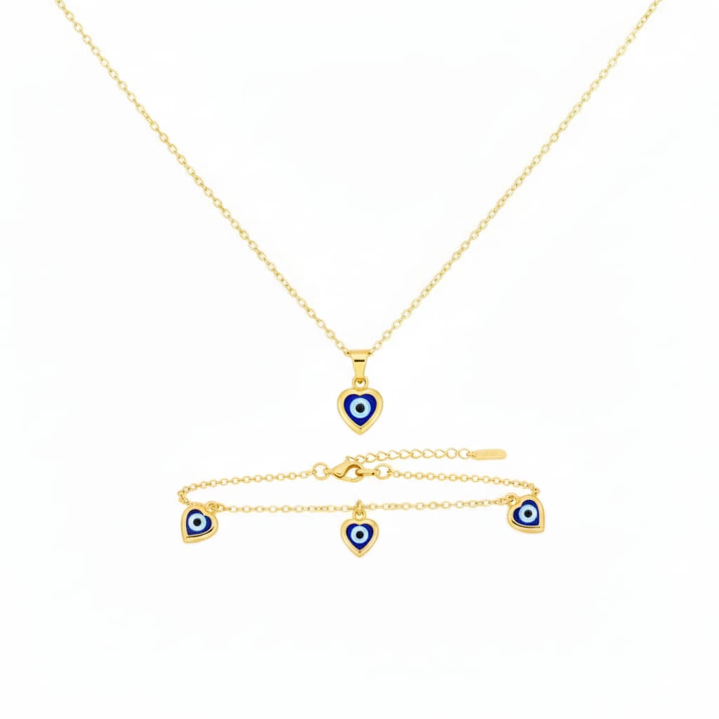 18K Real Gold Evil Eye Heart Design Necklace And Bracelet