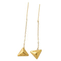 Gold triangle-shaped earrings with 'Prada' logo on a white background