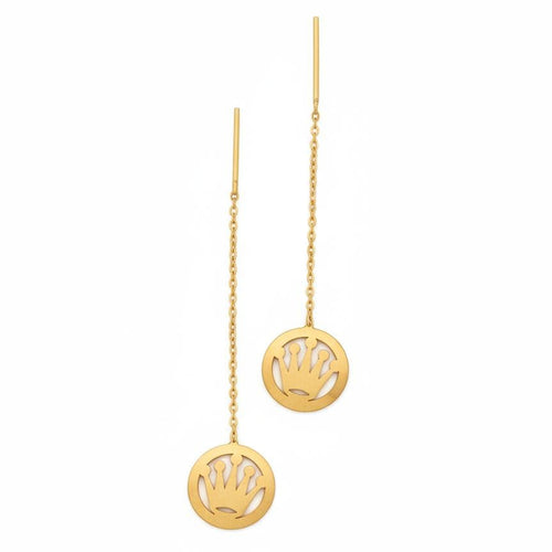 Gold earrings with circular designs on a white background
