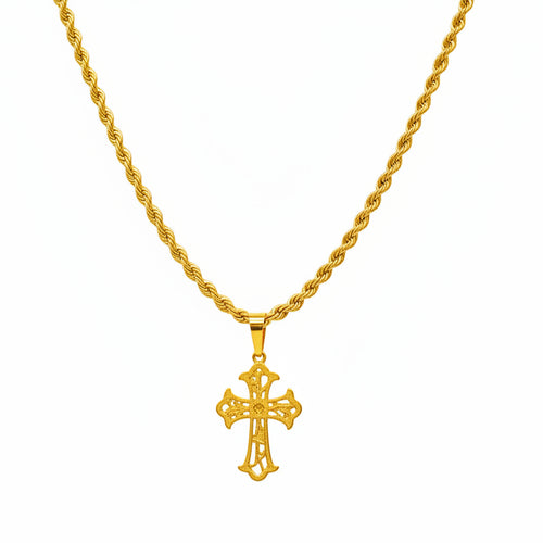 Gold necklace with a cross pendant on a black bust against a blue and brown background