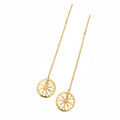 Gold earrings with floral designs on a white background