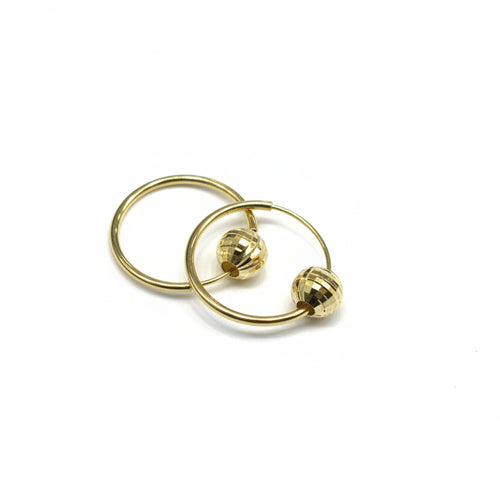 Gold hoop earrings on a gray background with weight and code information.