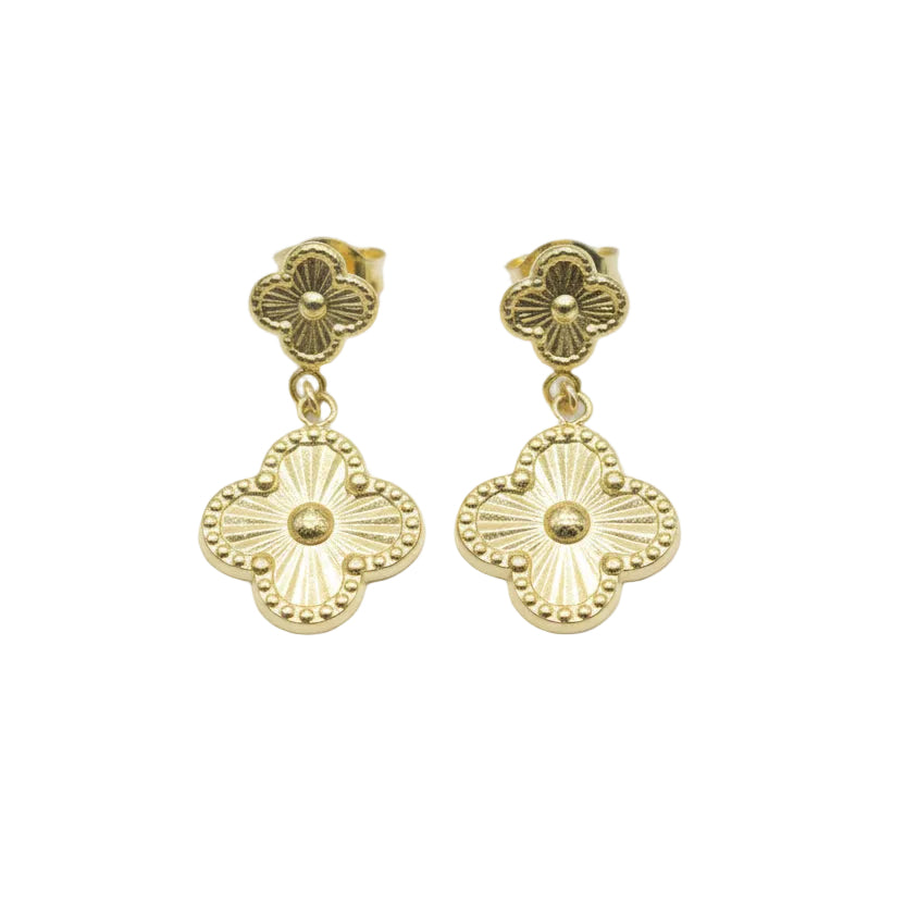 Gold floral earrings on a light gray background with weight and code information.