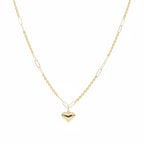 Gold necklace with a heart pendant on a mannequin neck, showing weight and code.
