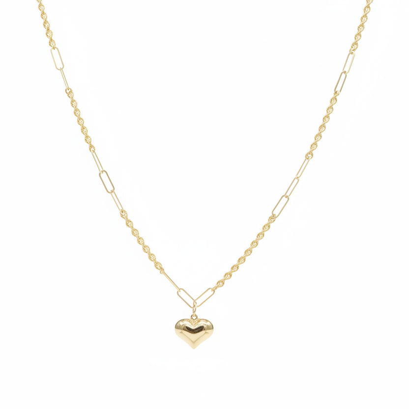18k Gold Bubble Heart with Rope Clip Necklace - 18k Gold Necklace - Embellish Gold Jewelry & Diamond