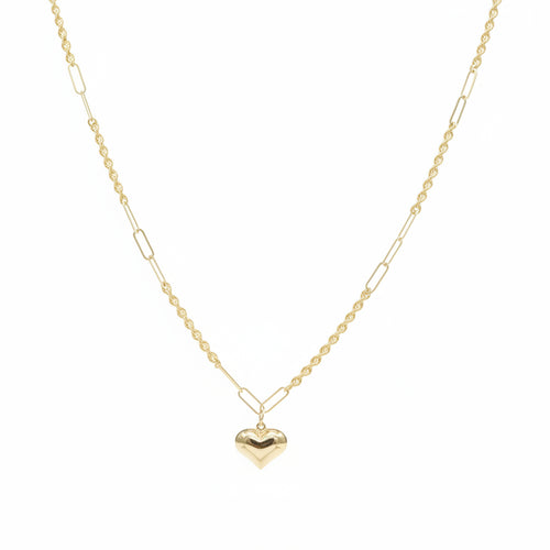 Gold necklace with a heart pendant on a mannequin neck, showing weight and code.