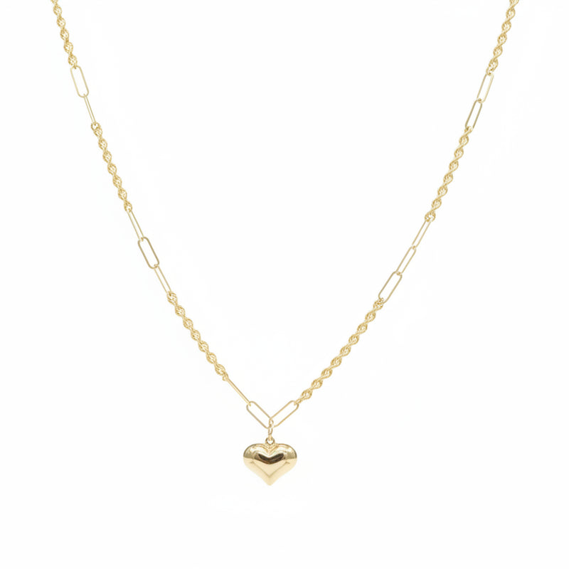 18k Gold Bubble Heart with Rope Clip Necklace - 18k Gold Necklace - Embellish Gold Jewelry & Diamond