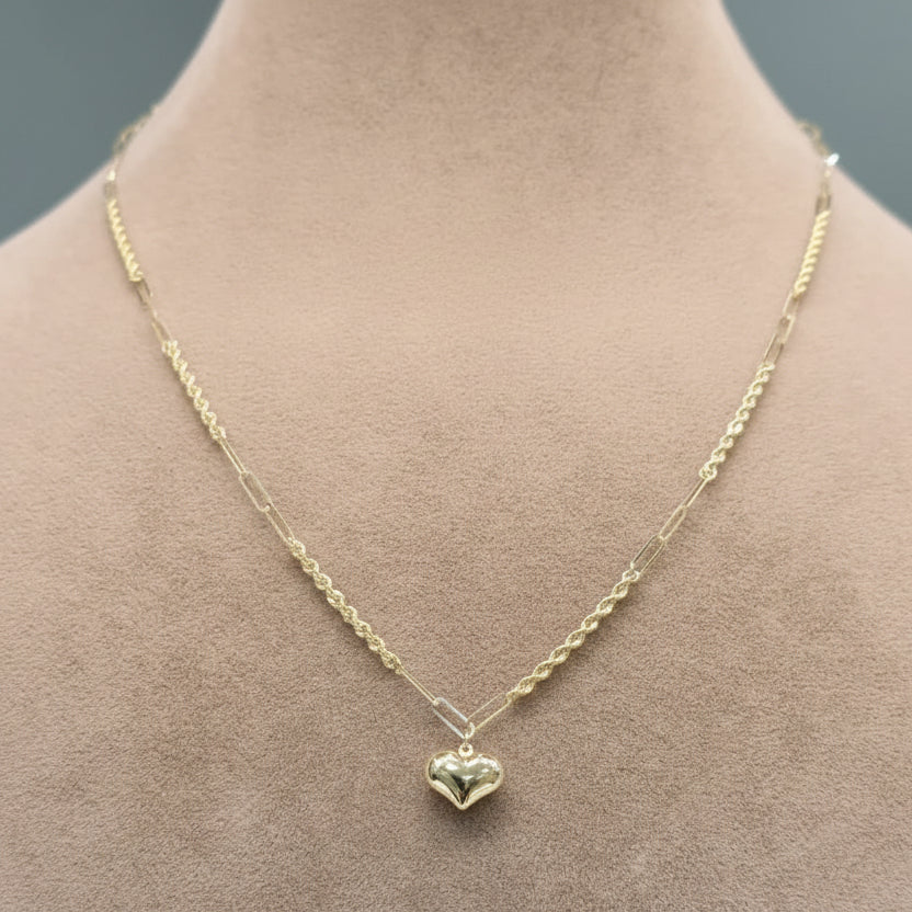 18k Gold Bubble Heart with Rope Clip Necklace - 18k Gold Necklace - Embellish Gold Jewelry & Diamond