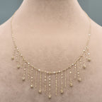Gold necklace on a mannequin with weight label '1.28g C-14'.