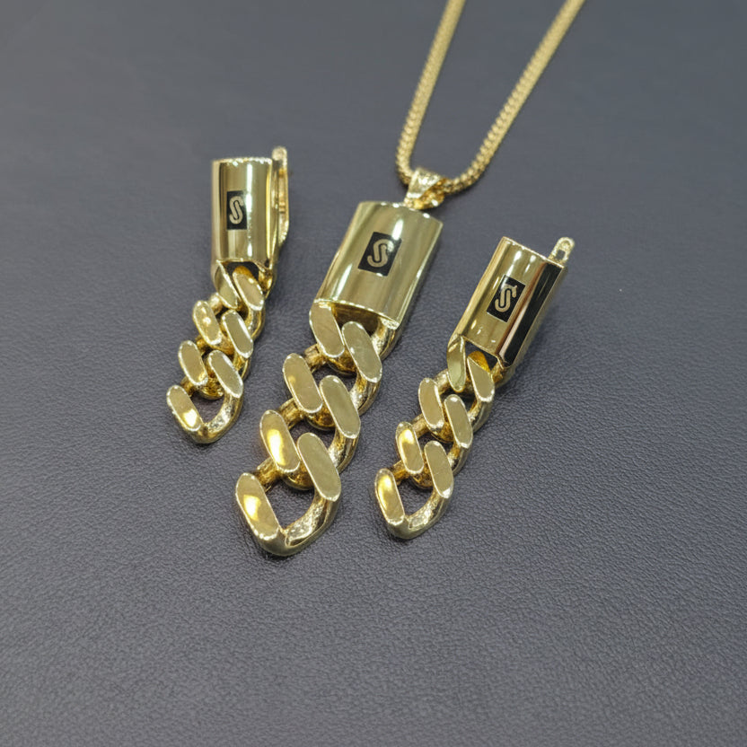 Gold chain earrings and pendant on a gray background with weight information.