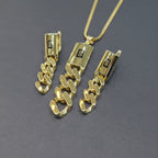 Gold chain earrings and pendant on a gray background with weight information.