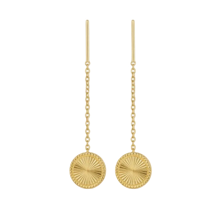Gold chain earrings with round, textured discs on a white background