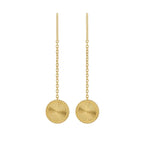 Gold chain earrings with round, textured discs on a white background