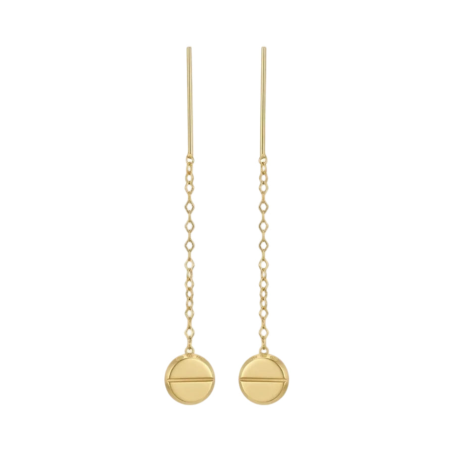 Gold earrings with round pendants on thin chains against a white background