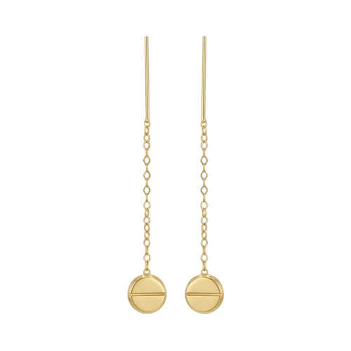 Gold earrings with round pendants on thin chains against a white background