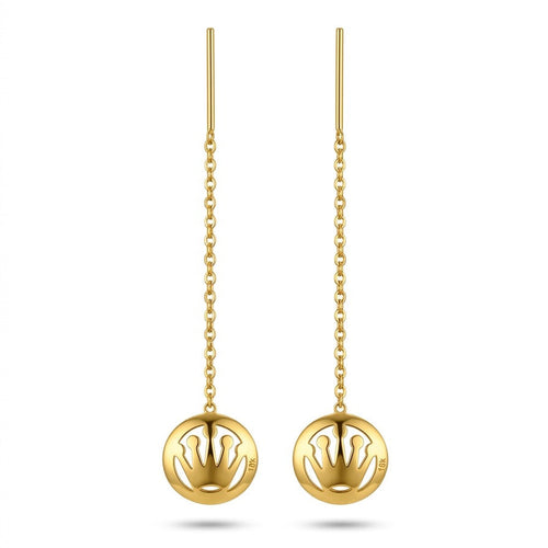 Gold earrings with chain designs on a white background