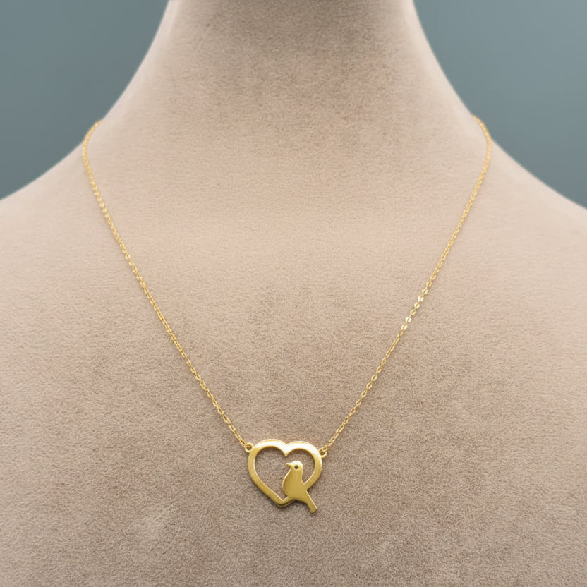 18k Gold Heart with Bird Necklace - 18k Gold Necklace - Embellish Gold Jewelry & Diamond