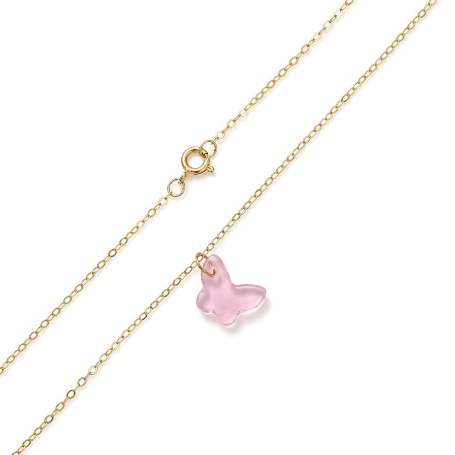 Gold chain with a pink heart-shaped pendant on a white background