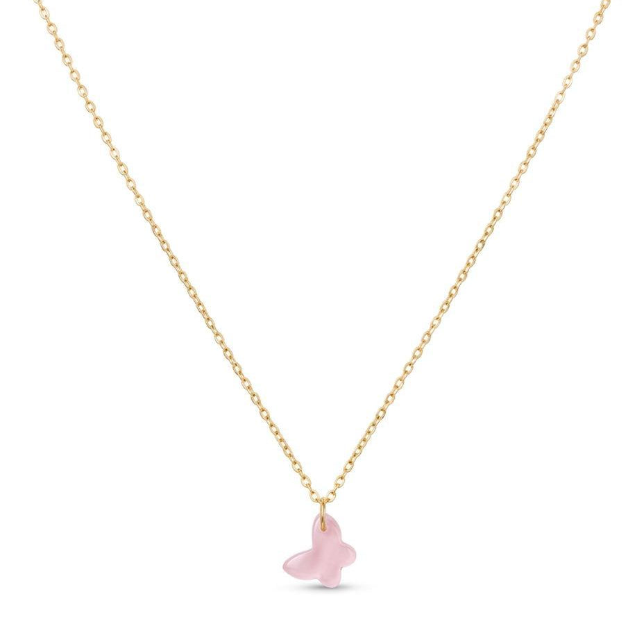Gold necklace with a pink heart pendant on a white background