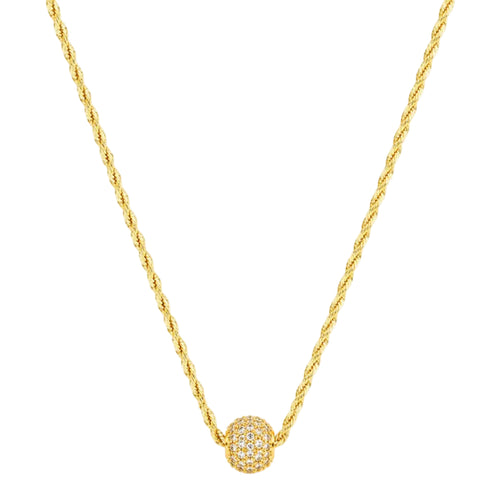Gold necklace with a spherical pendant on a white background
