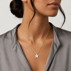 Woman wearing a gold necklace with a star pendant on a neutral background