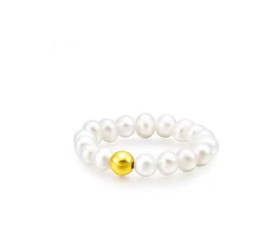 18k Ball with Pearl Elastic Ring - Products - Embellish Gold Jewelry & Diamond