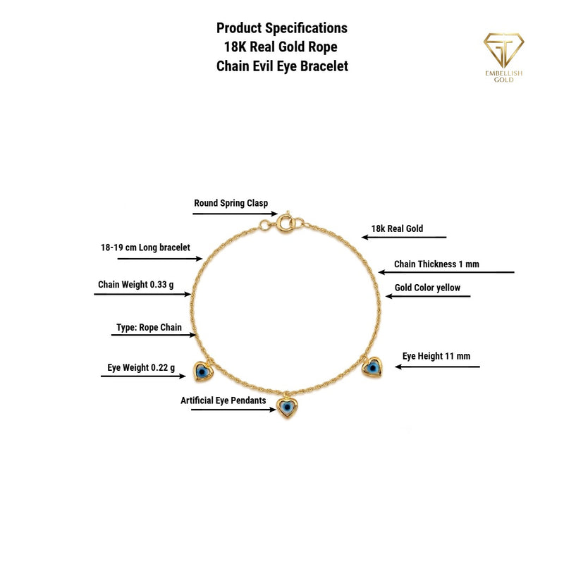 18K Real Gold Rope Chain Evil Eye Bracelet - 18k Gold Bracelet - Embellish Gold Jewelry & Diamond
