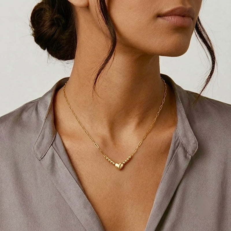 18k Gold Heart with Balls & Paperclip Necklace - ad collection - Embellish Gold Jewelry & Diamond