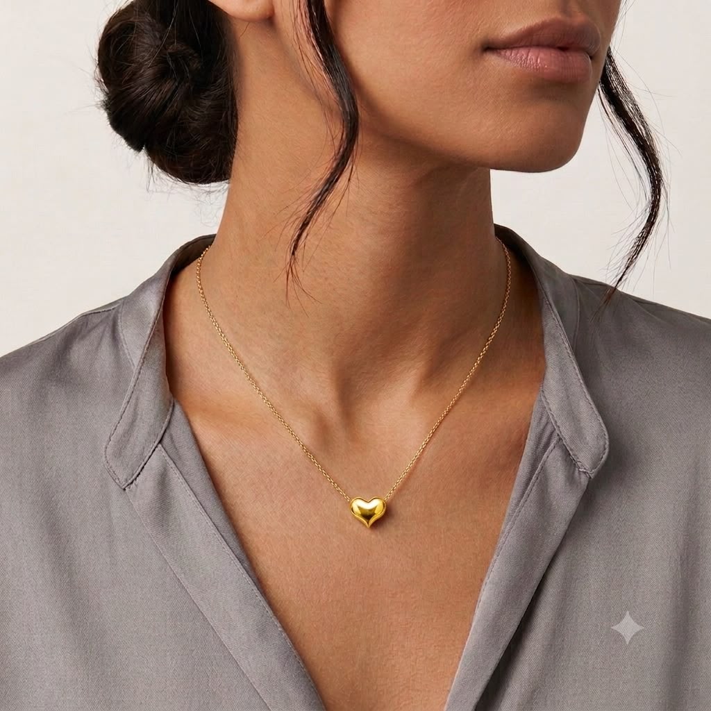 18k Gold Big Attached Heart Necklace - 18k Gold Necklace - Embellish Gold Jewelry & Diamond