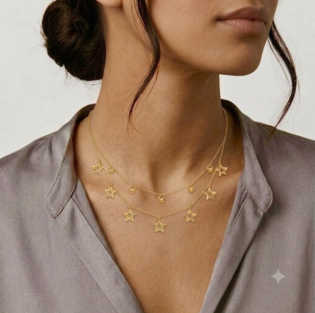 18k Gold 2 Layer Ball Star Necklace