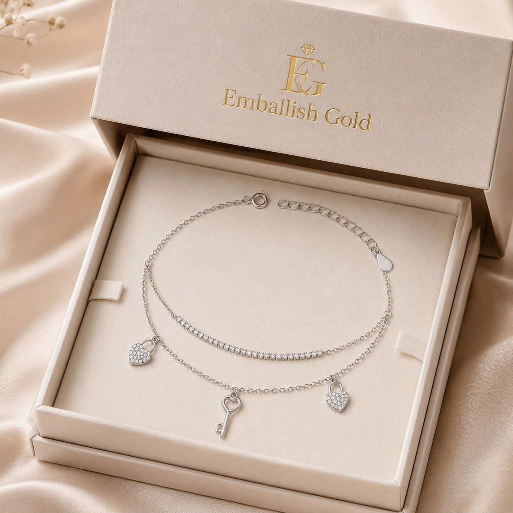 925 Silver 2 Layer Heart & Key Bracelet