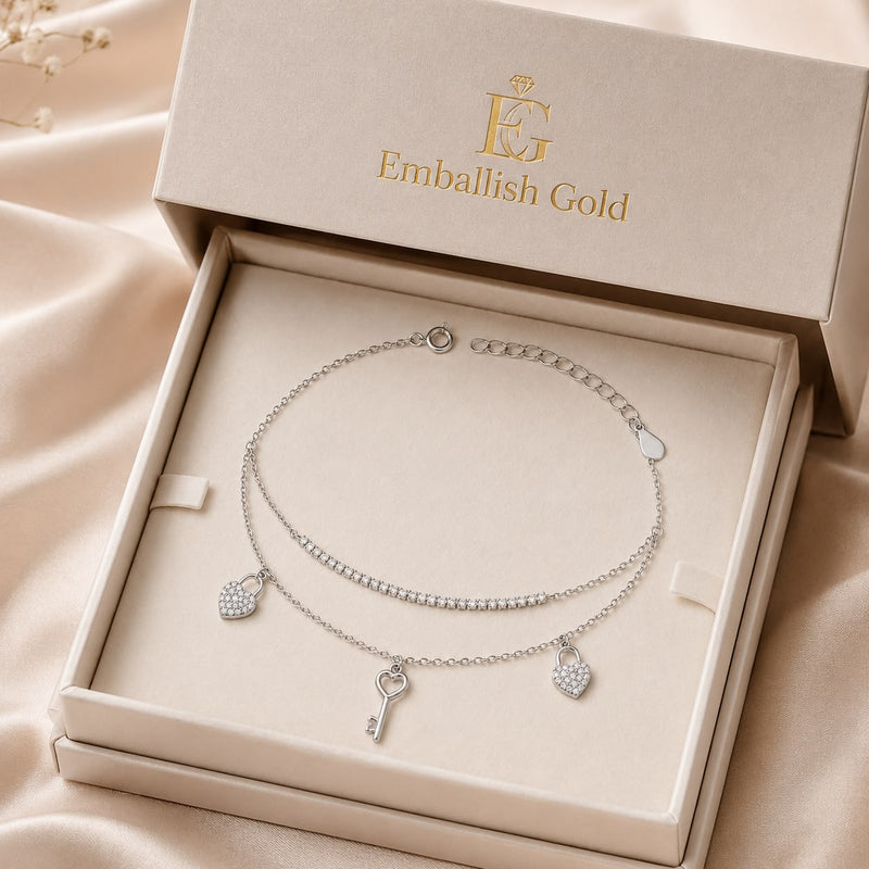 925 Silver 2 Layer Heart & Key Bracelet - 925 Silver Bracelet - Embellish Gold Jewelry & Diamond