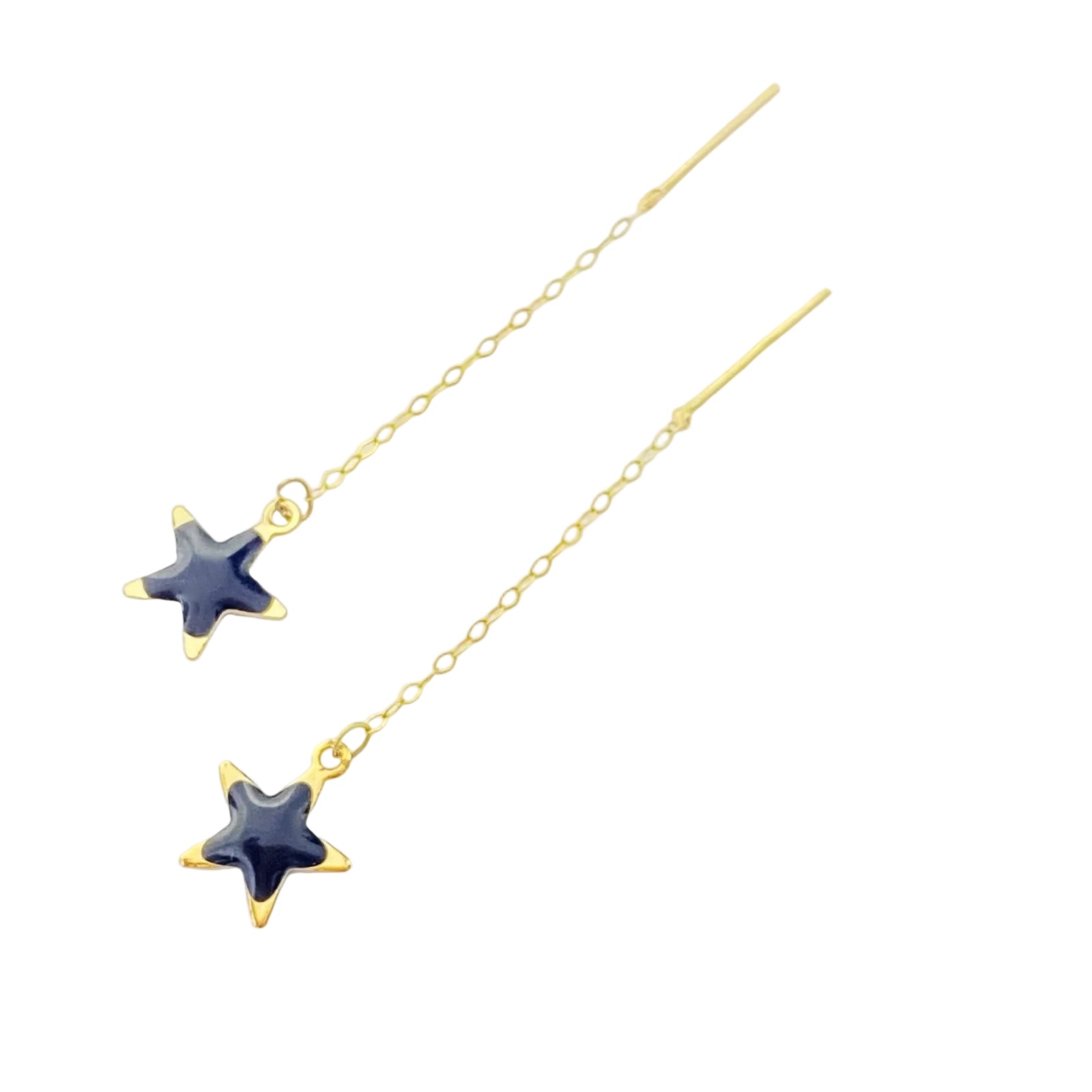 Gold threader earrings with navy star charms, delicate chain design, modern jewelry