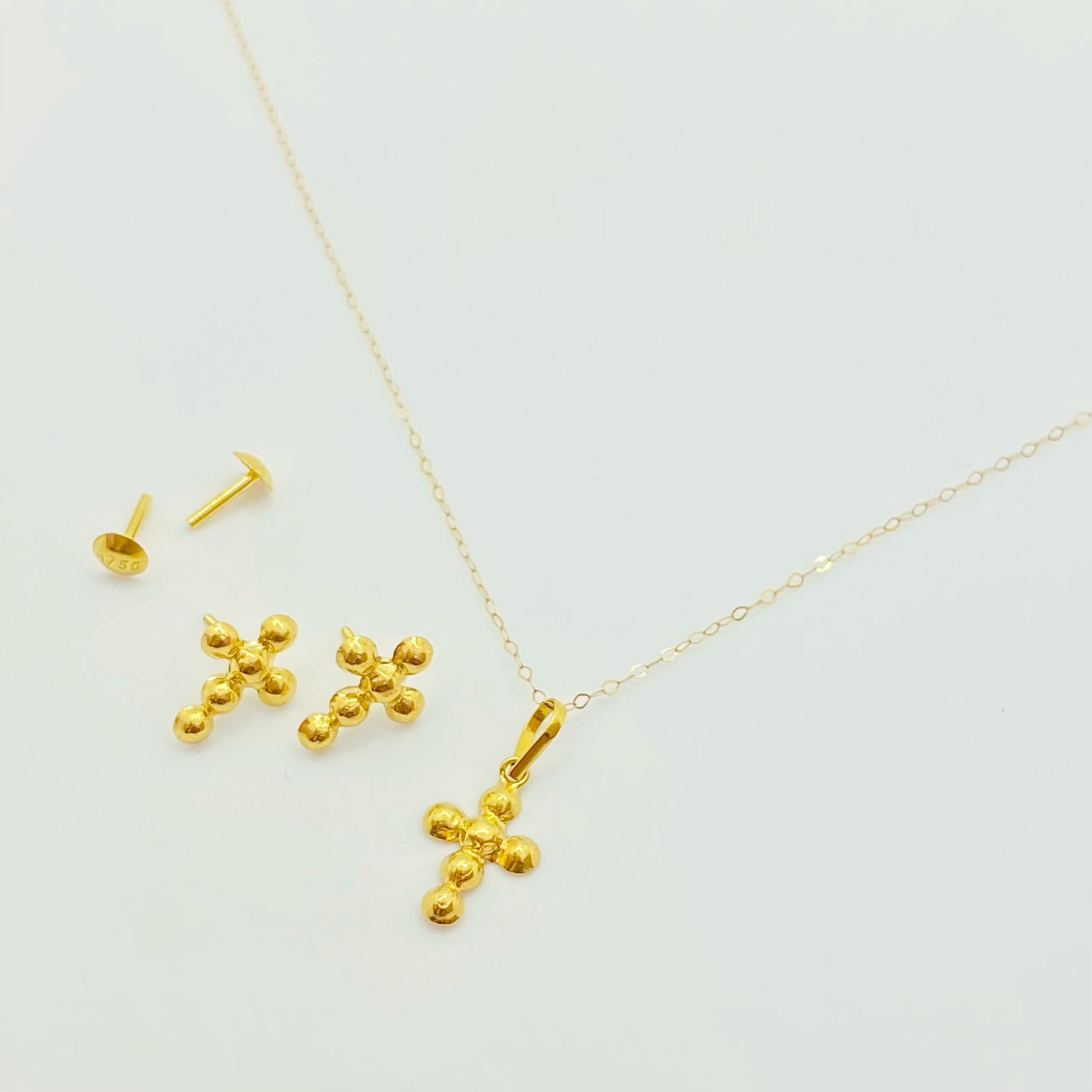 18k Gold Bubble Cross Jewelry Set