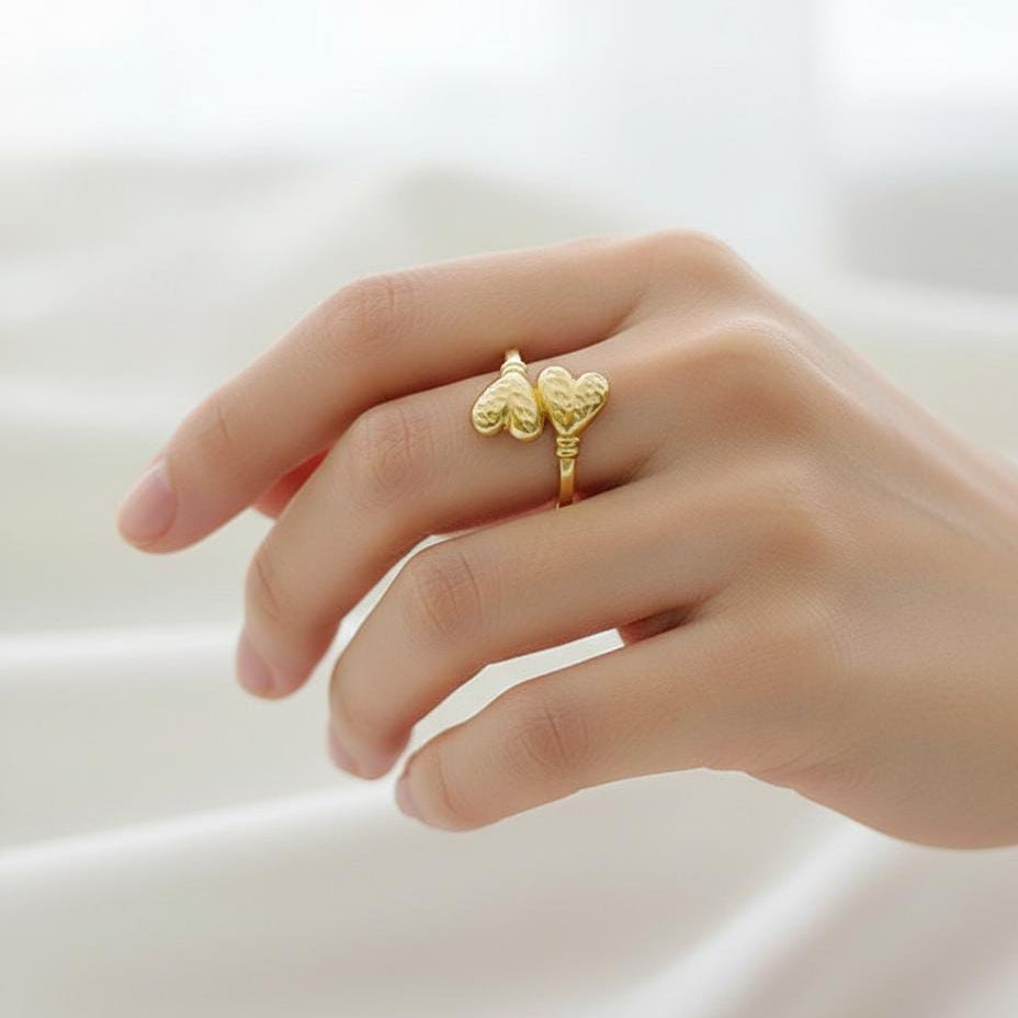 18k Gold Double Edge Heart Ring - 18k Gold Ring - Embellish Gold
