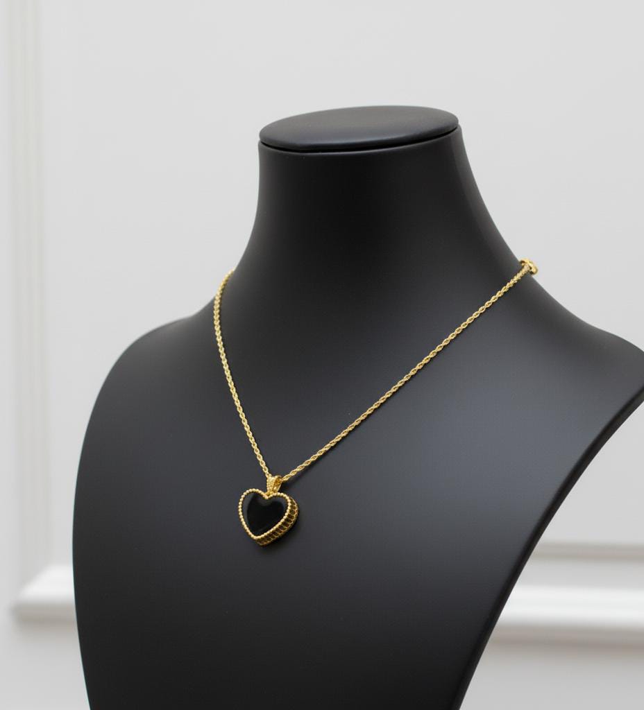 18k Gold Onyx Heart Necklace - 18k Gold Necklace - Embellish Gold