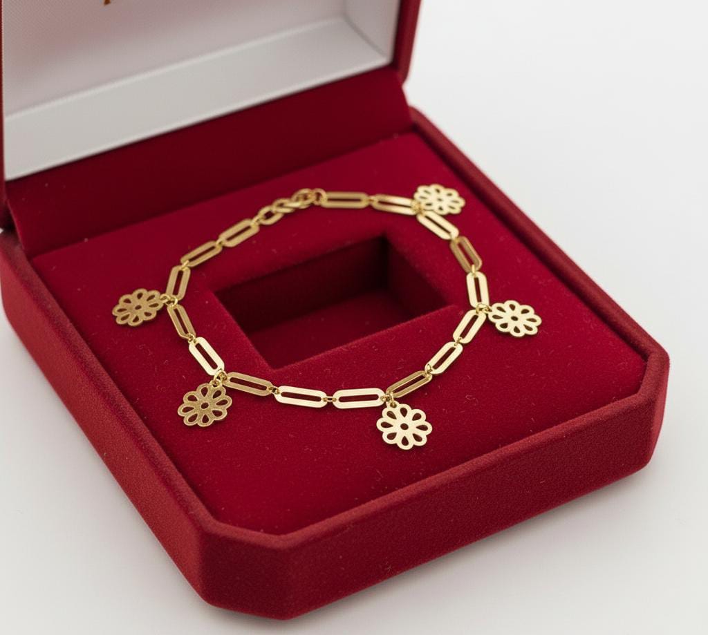 18K Real Gold 5 Flower Paper Clip Bracelet