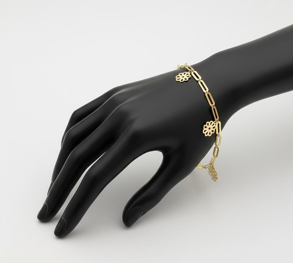 18K Real Gold 5 Flower Paper Clip Bracelet