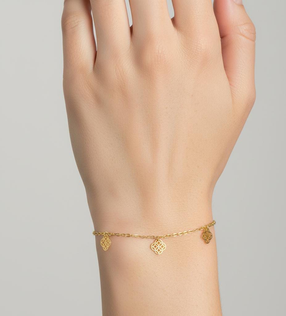 18K Real Gold Hexagons 5 Pendant Bracelet