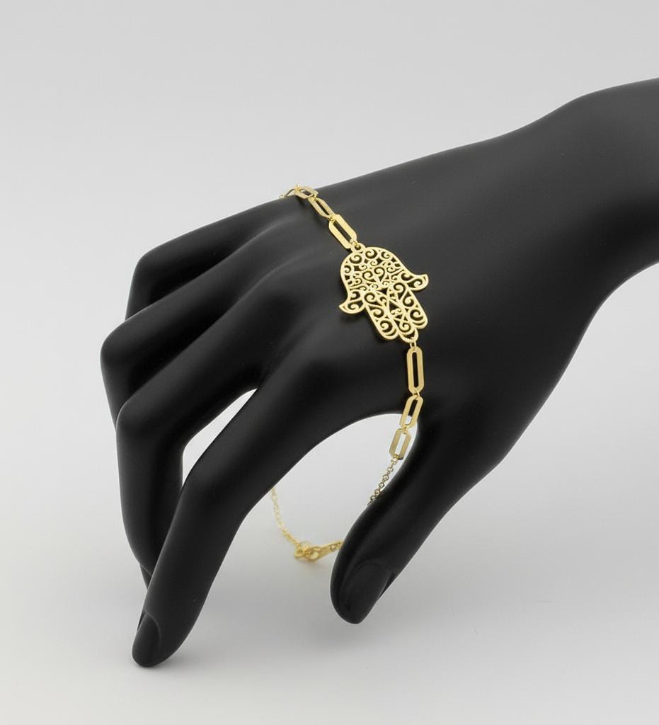 18K Real Gold Hamsa Hand Paper Clip Bracelet