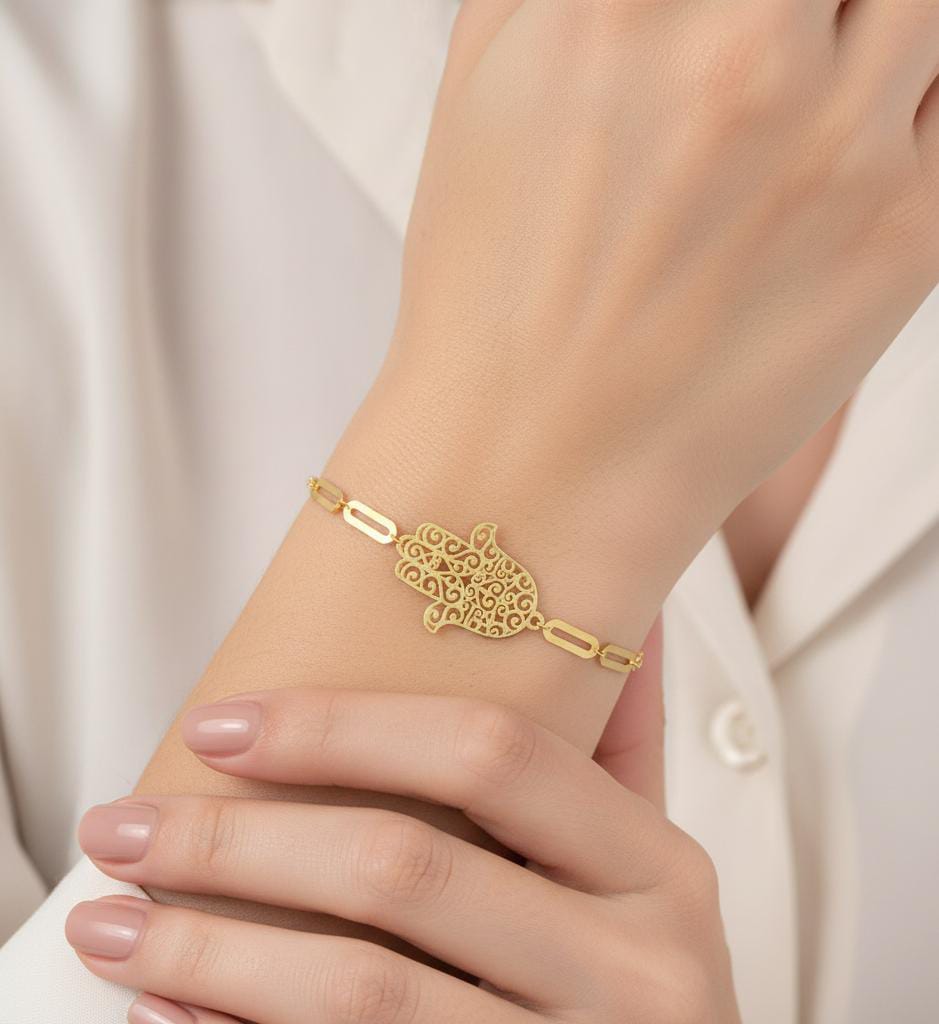 18K Real Gold Hamsa Hand Paper Clip Bracelet