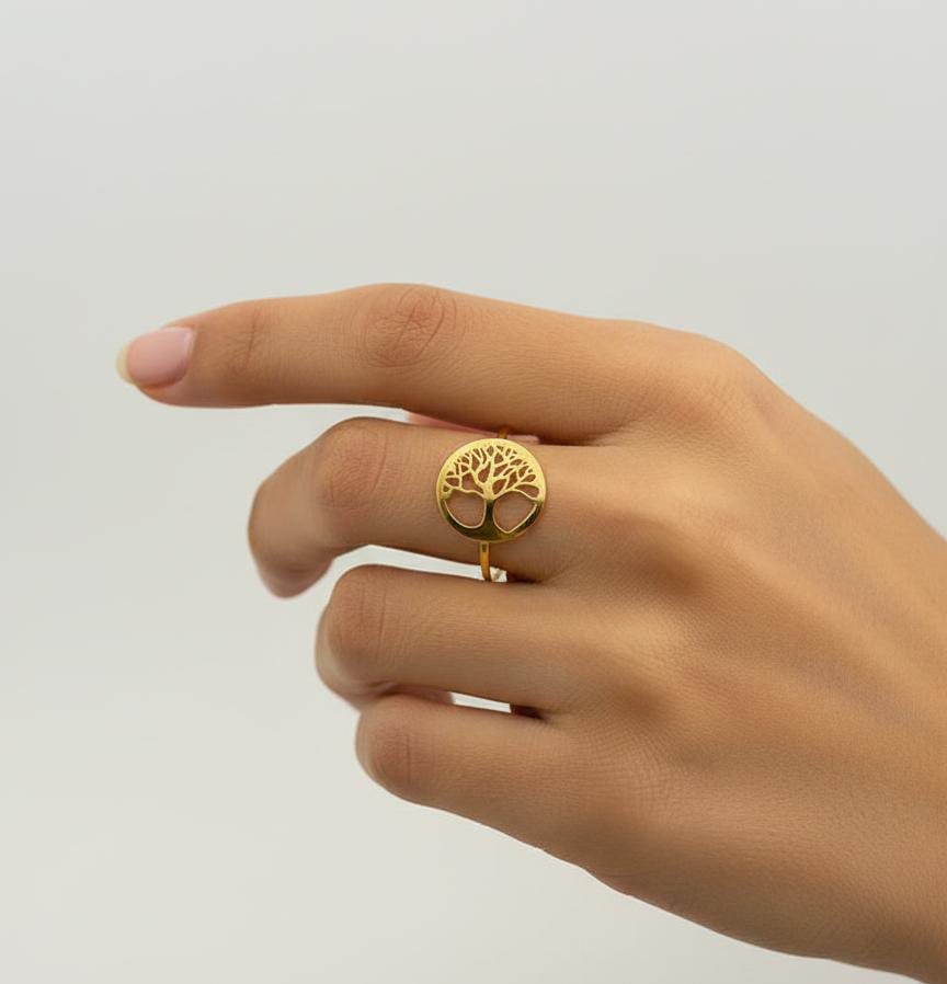 خاتم حياة الشجرة من الذهب الحقيقي عيار 18 قيراط