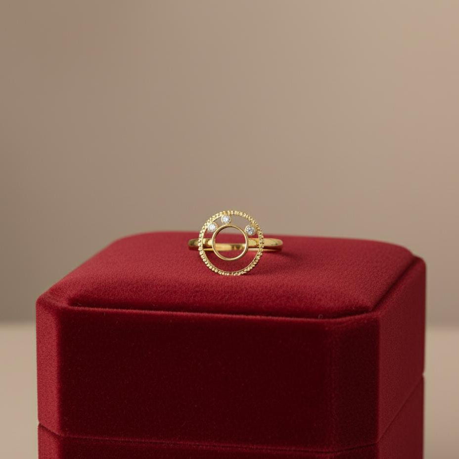 18K Real Gold 3 Stone Circle Ring