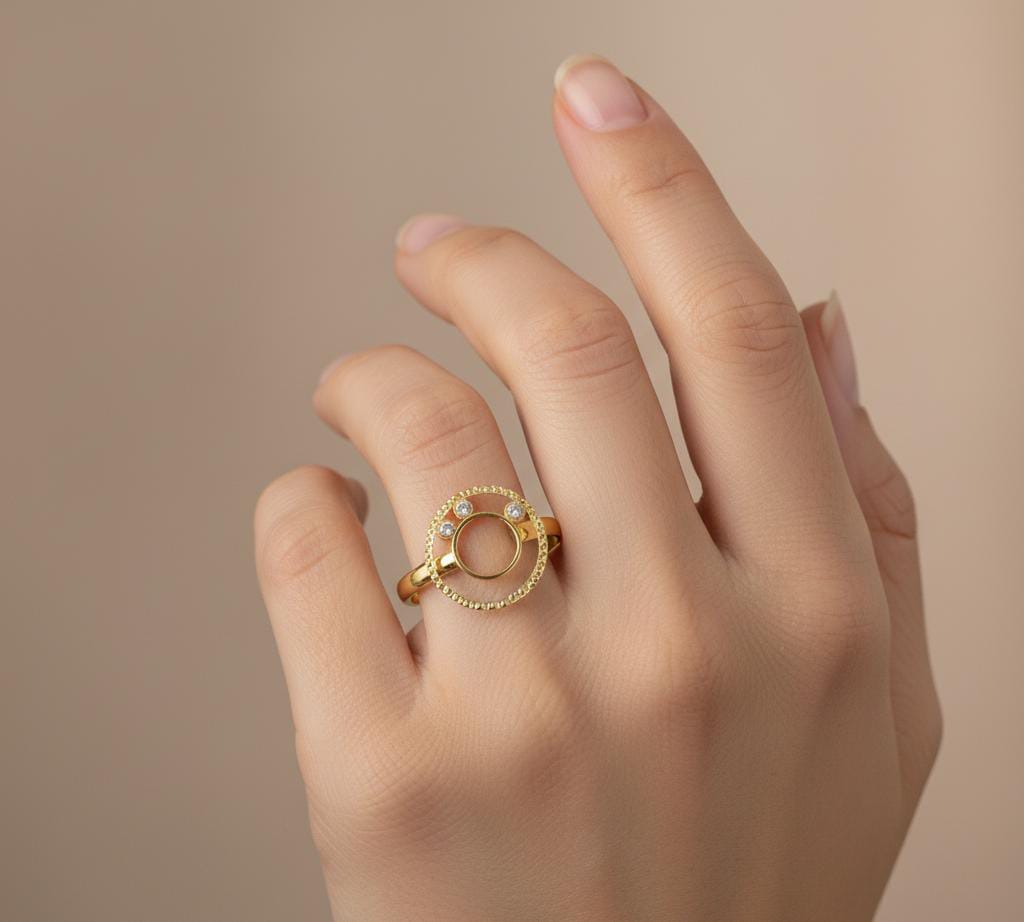 18K Real Gold 3 Stone Circle Ring